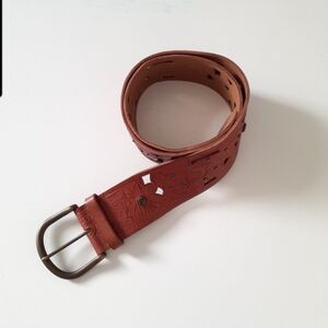 Fossil Floral Embossed Cut Out & Stud Leather Brown Belt With Dark Gold Size M